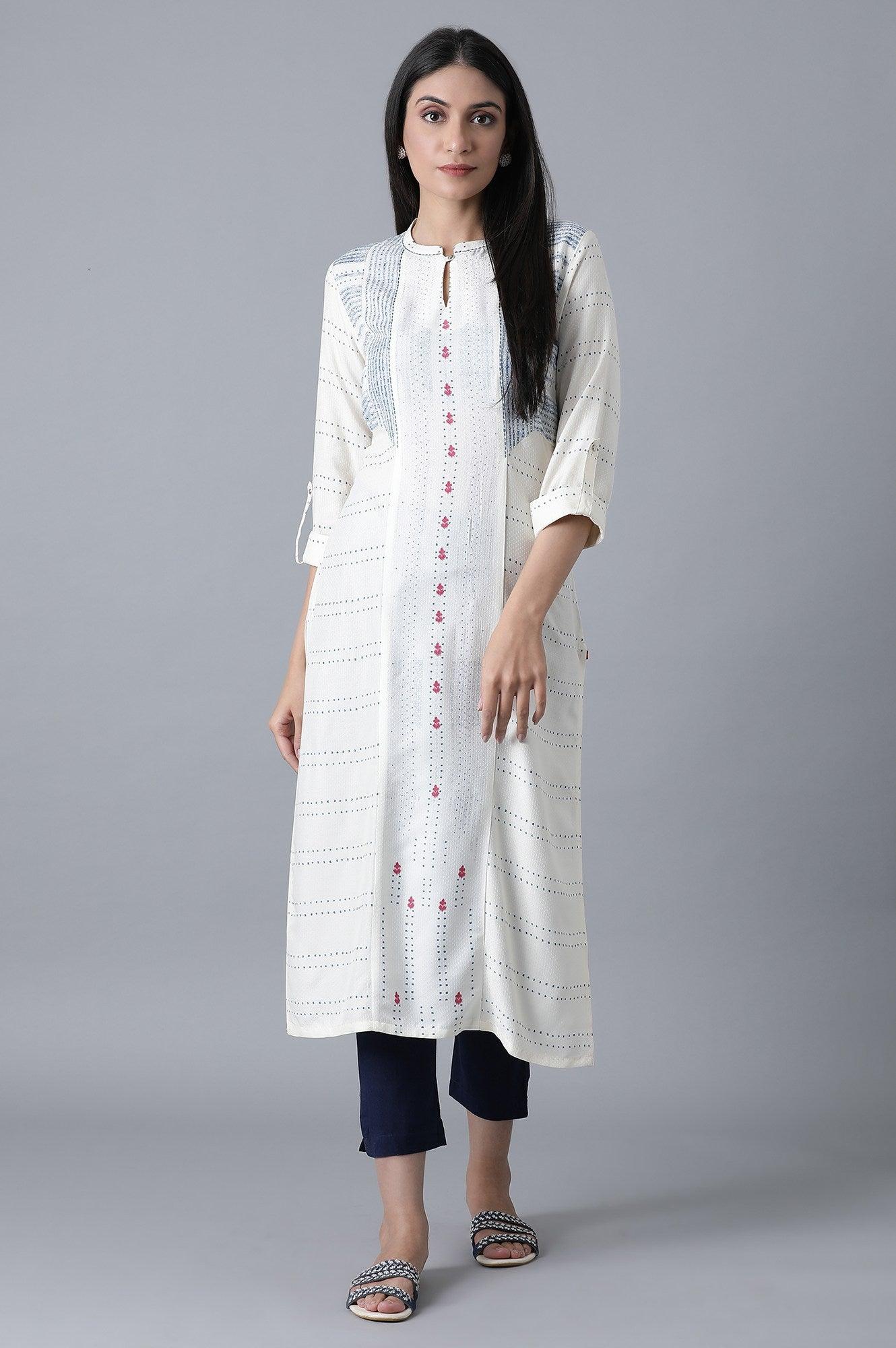 Ecru A-Line Gathered kurta - wforwoman