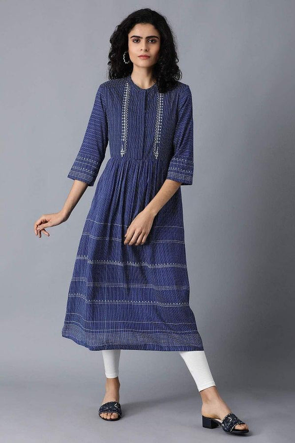 Blue Mandarin Neck Printed kurta