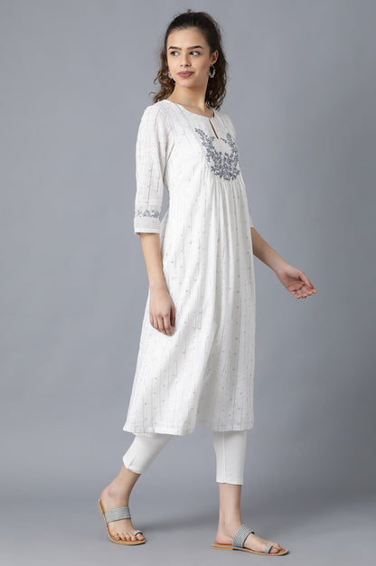 White Round Neck Gathered kurta