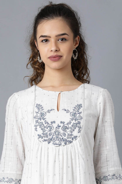 White Round Neck Gathered kurta