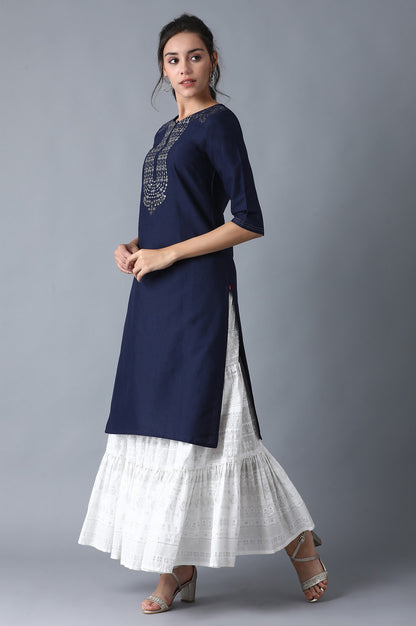 Blue Solid kurta with Embroidery on Yoke