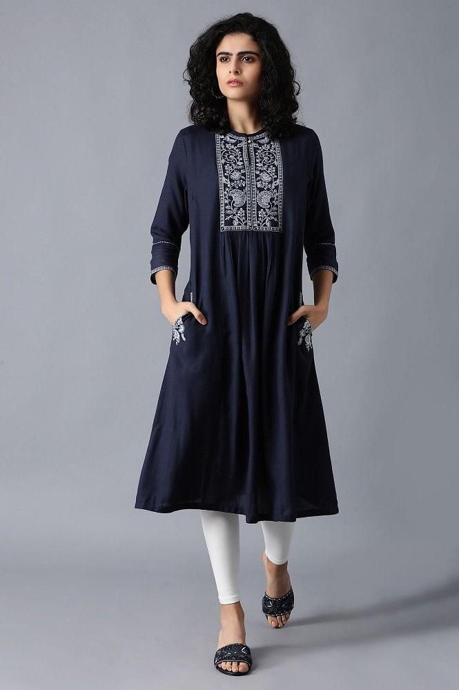 Blue Gathered Embroidered Dress - wforwoman