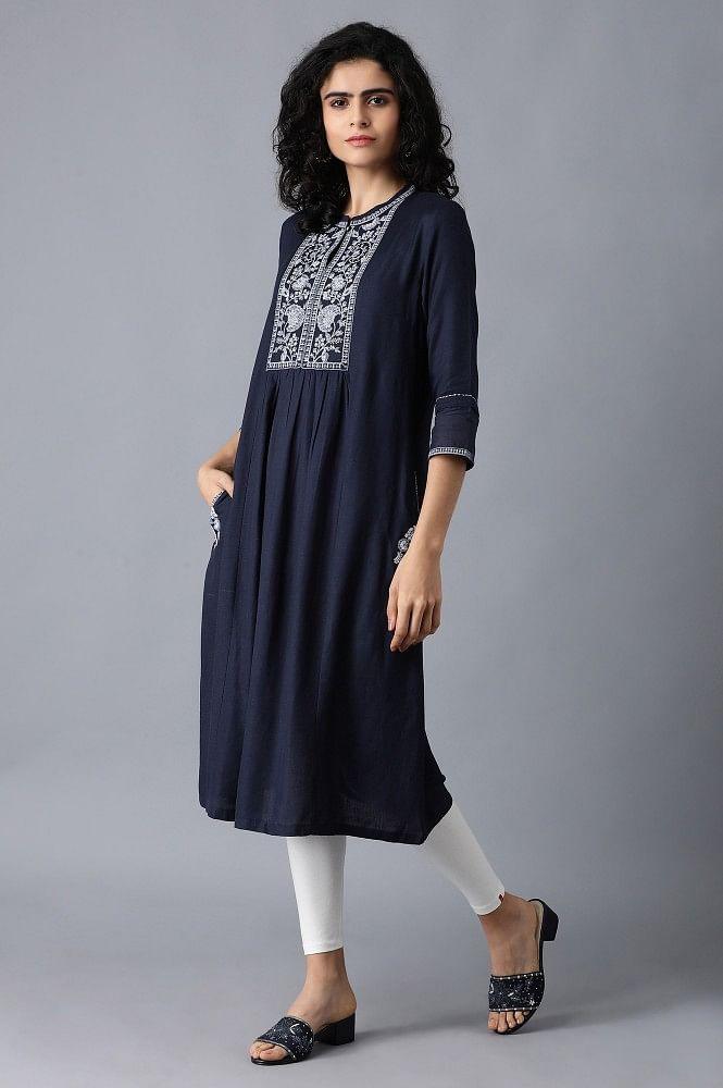 Blue Gathered Embroidered Dress - wforwoman