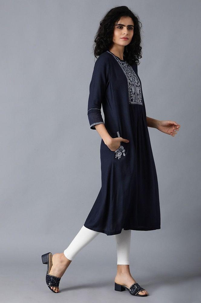 Blue Gathered Embroidered Dress - wforwoman