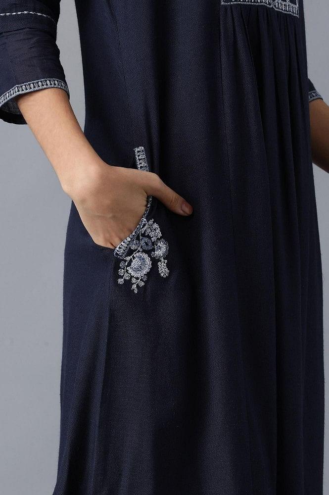 Blue Gathered Embroidered Dress - wforwoman