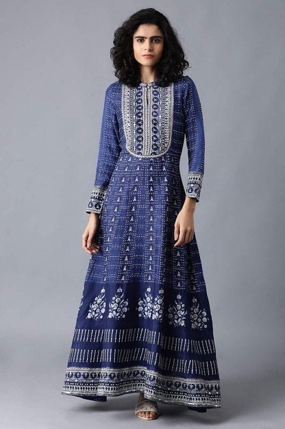Blue Mandarin Neck Printed Festive Dress - wforwoman