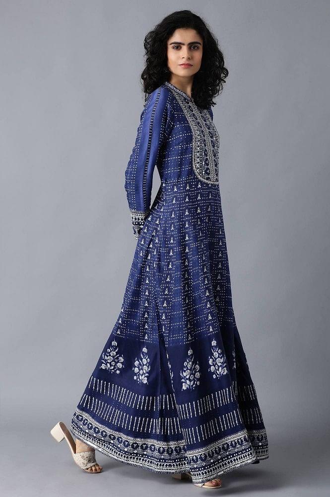 Blue Mandarin Neck Printed Festive Dress - wforwoman