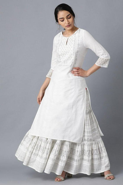 White Round Neck Embroidered kurta - wforwoman