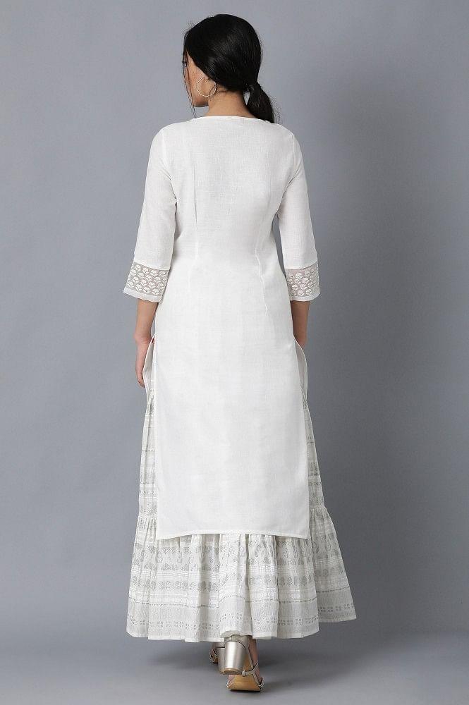 White Round Neck Embroidered kurta - wforwoman