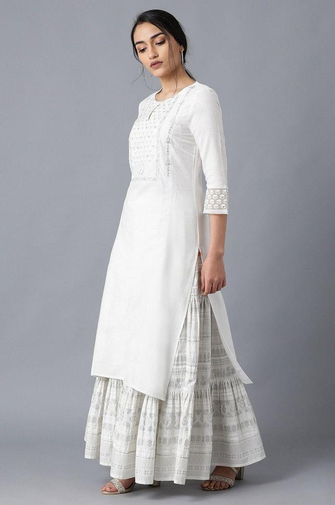 White Round Neck Embroidered kurta - wforwoman