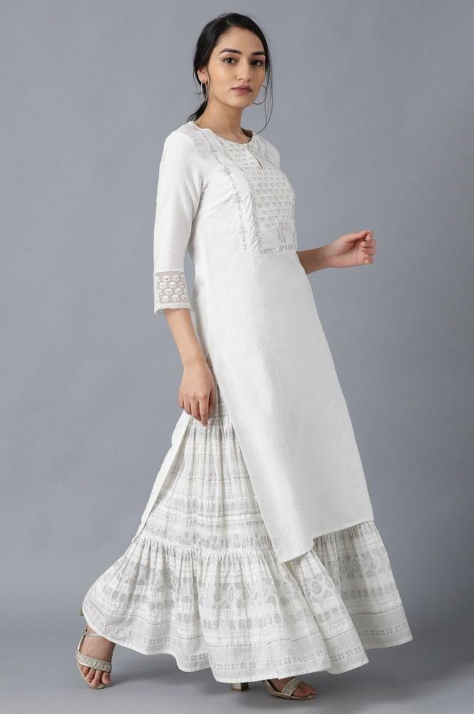 White Round Neck Embroidered kurta - wforwoman