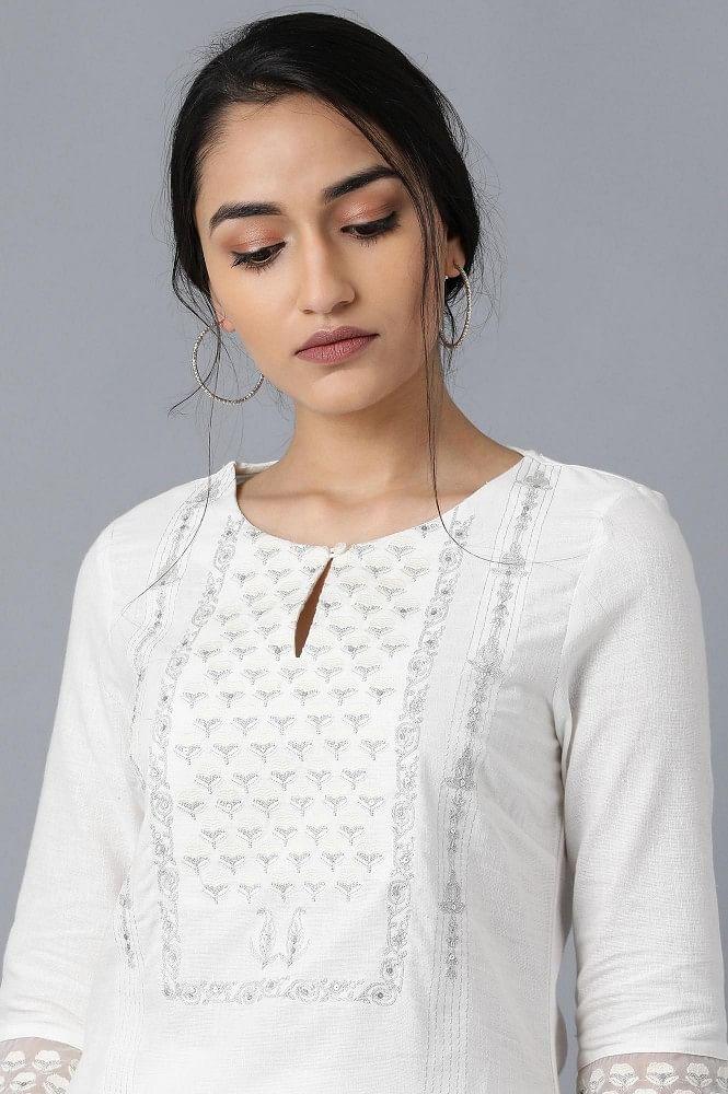 White Round Neck Embroidered kurta - wforwoman