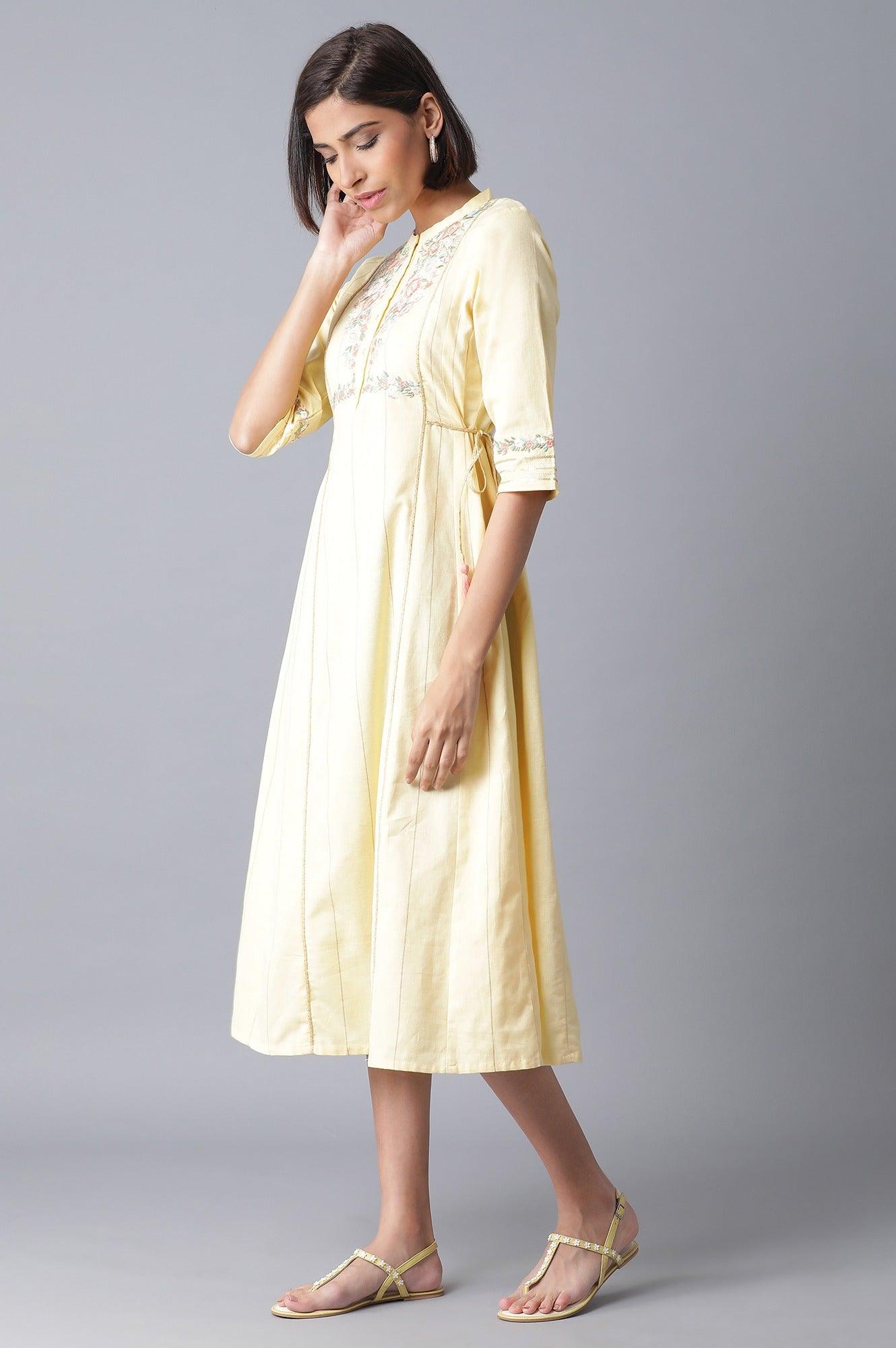 Pale Yellow Embroidered Dress - wforwoman