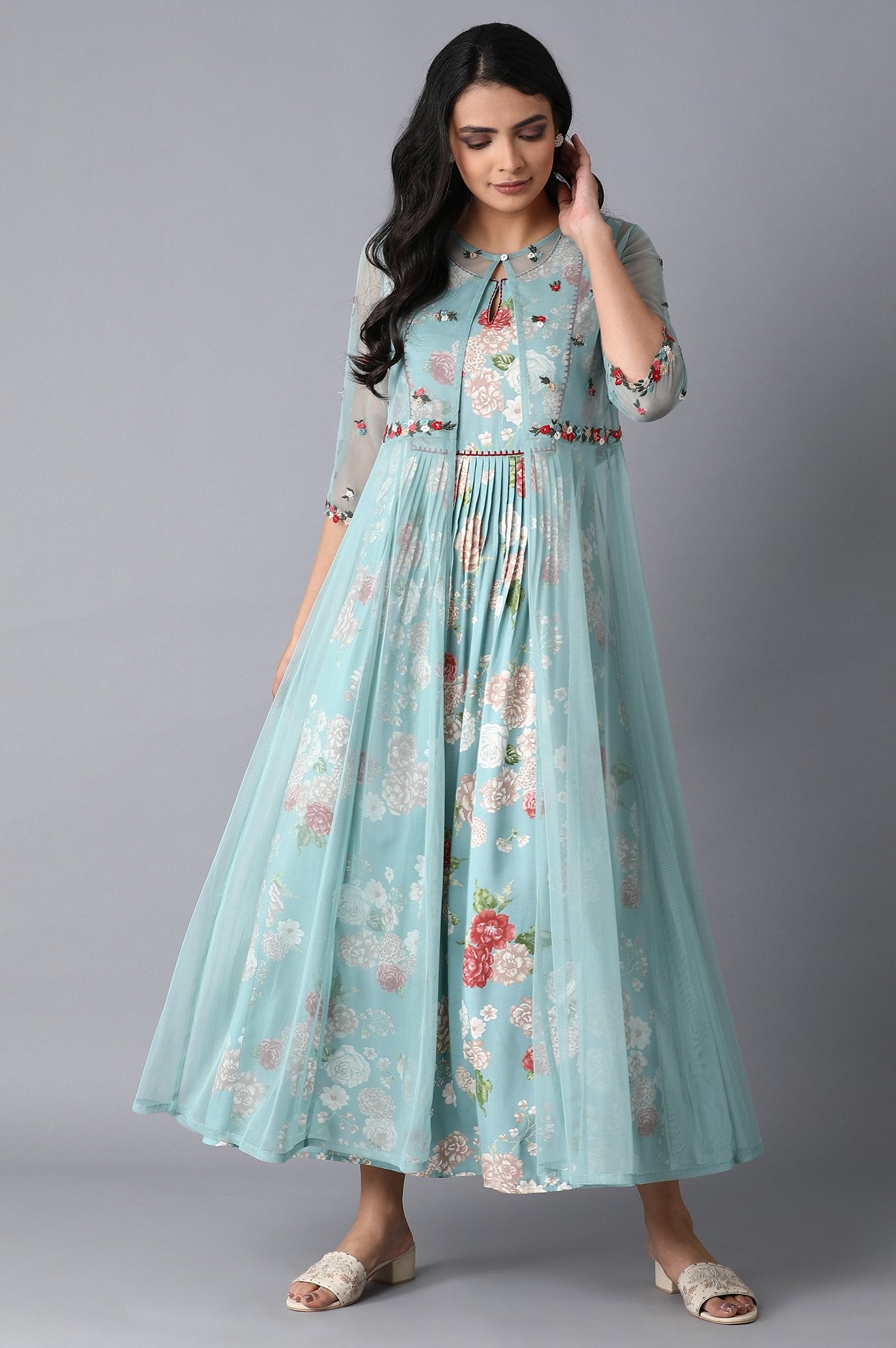 Light Teal Floral Print Dress-Gillet Set