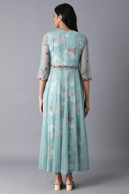 Light Teal Floral Print Dress-Gillet Set