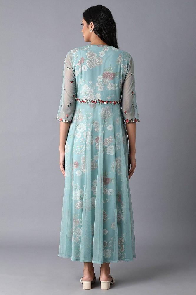 Light Teal Floral Print Dress-Gillet Set - wforwoman