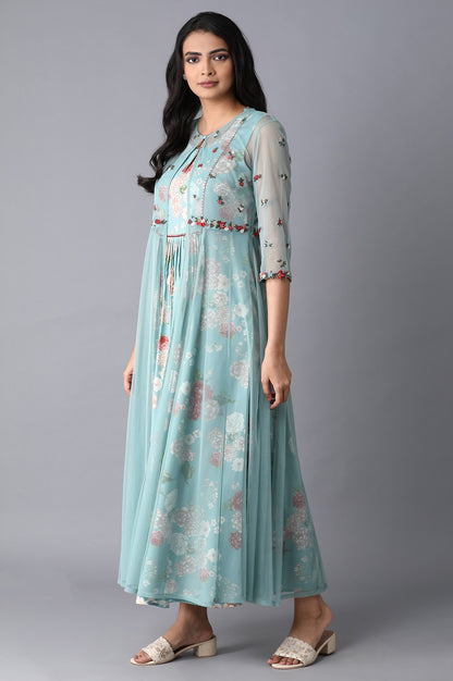 Light Teal Floral Print Dress-Gillet Set