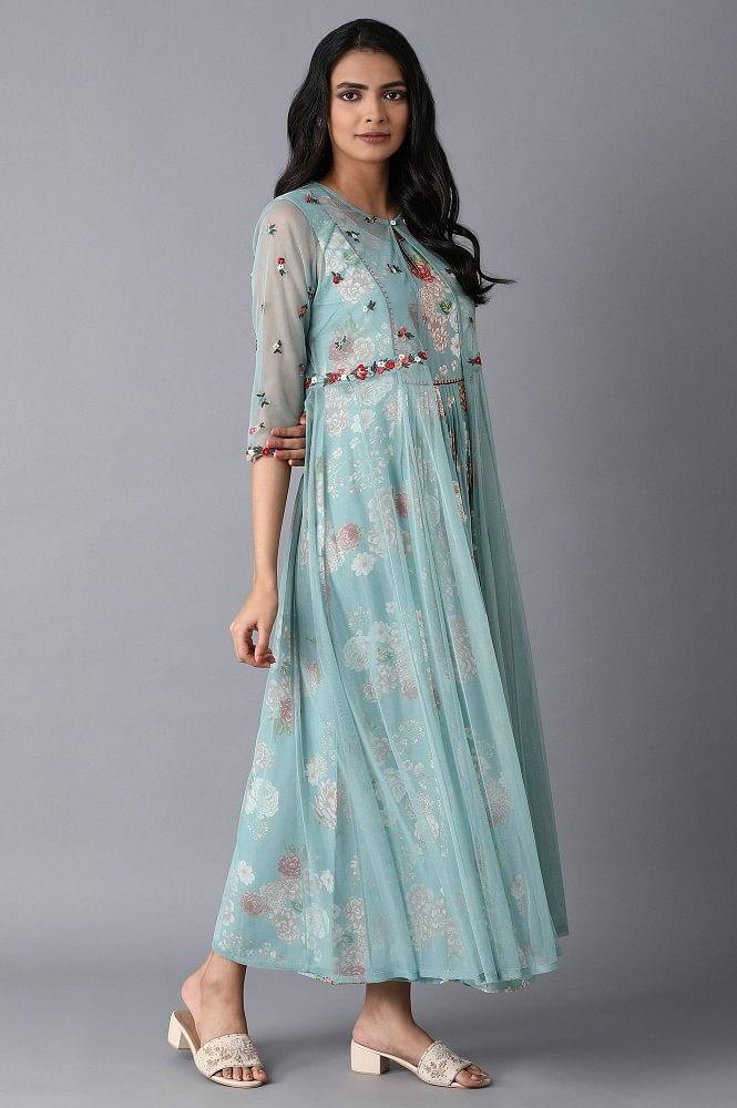 Light Teal Floral Print Dress-Gillet Set - wforwoman