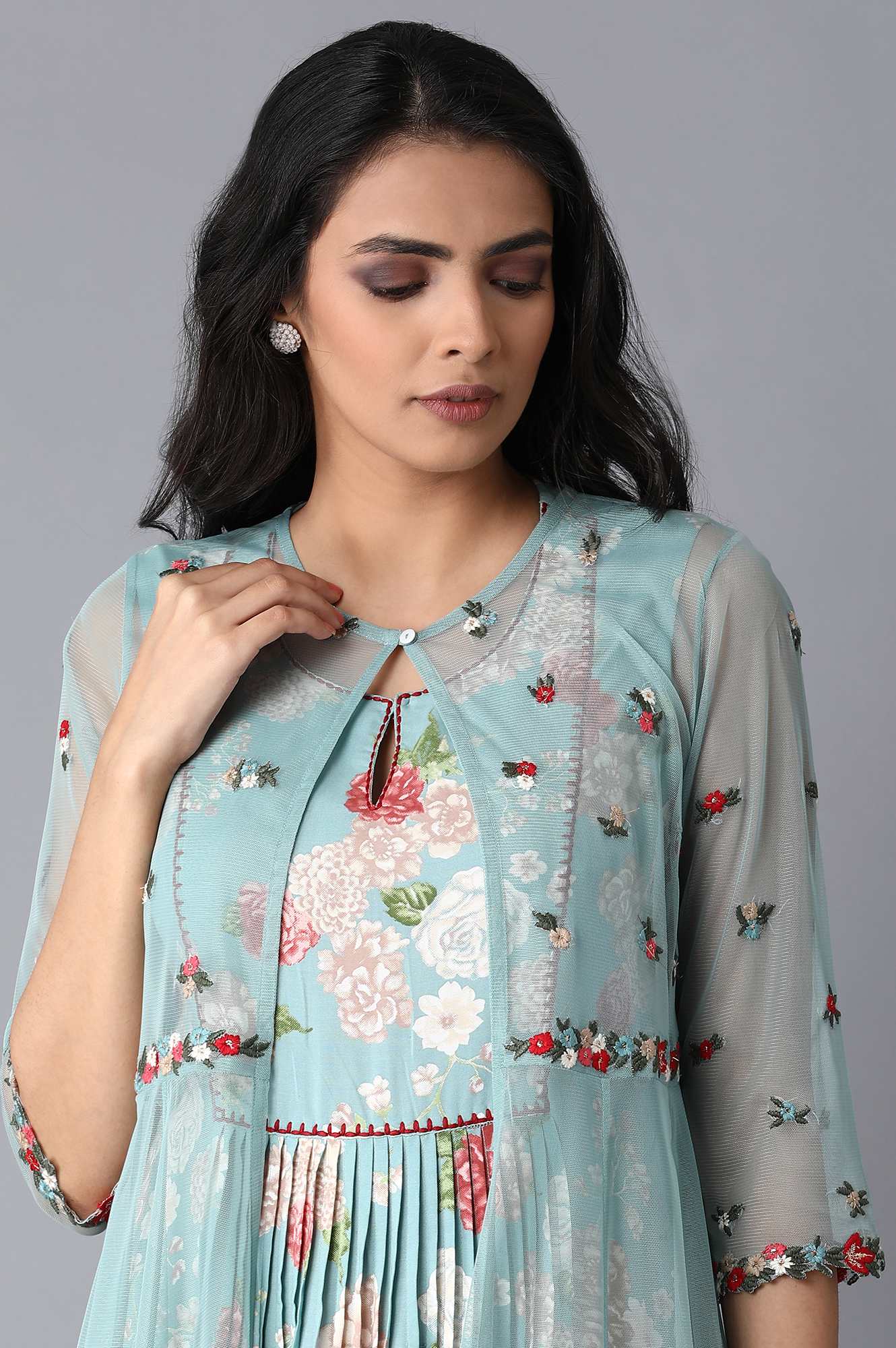 Light Teal Floral Print Dress-Gillet Set