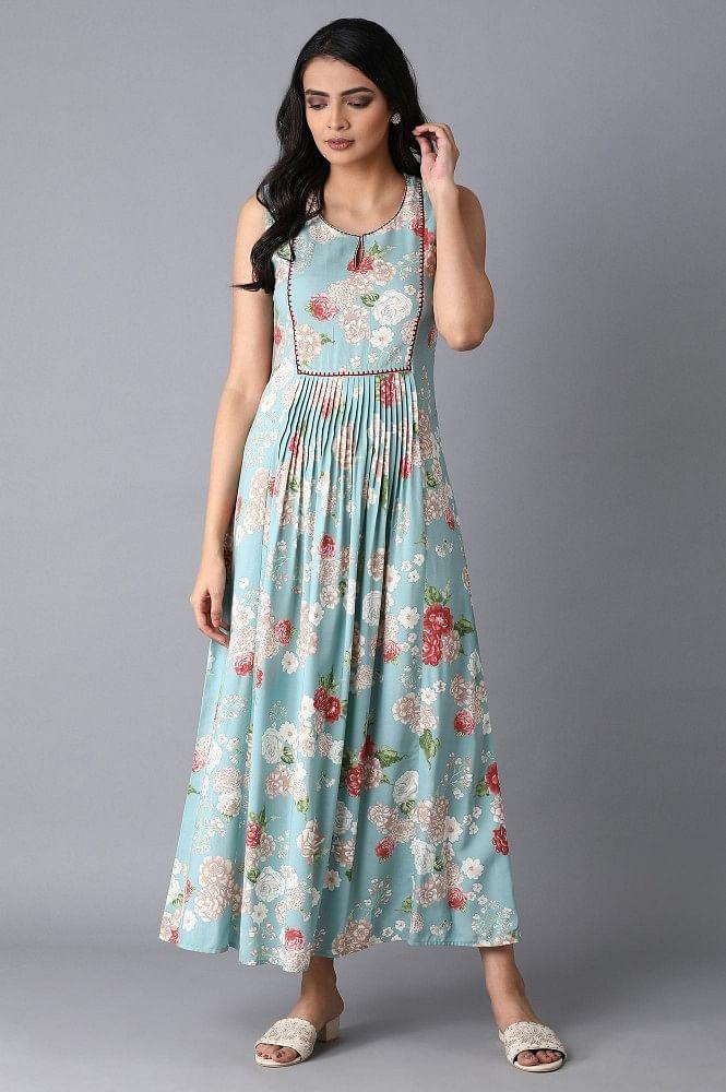 Light Teal Floral Print Dress-Gillet Set - wforwoman