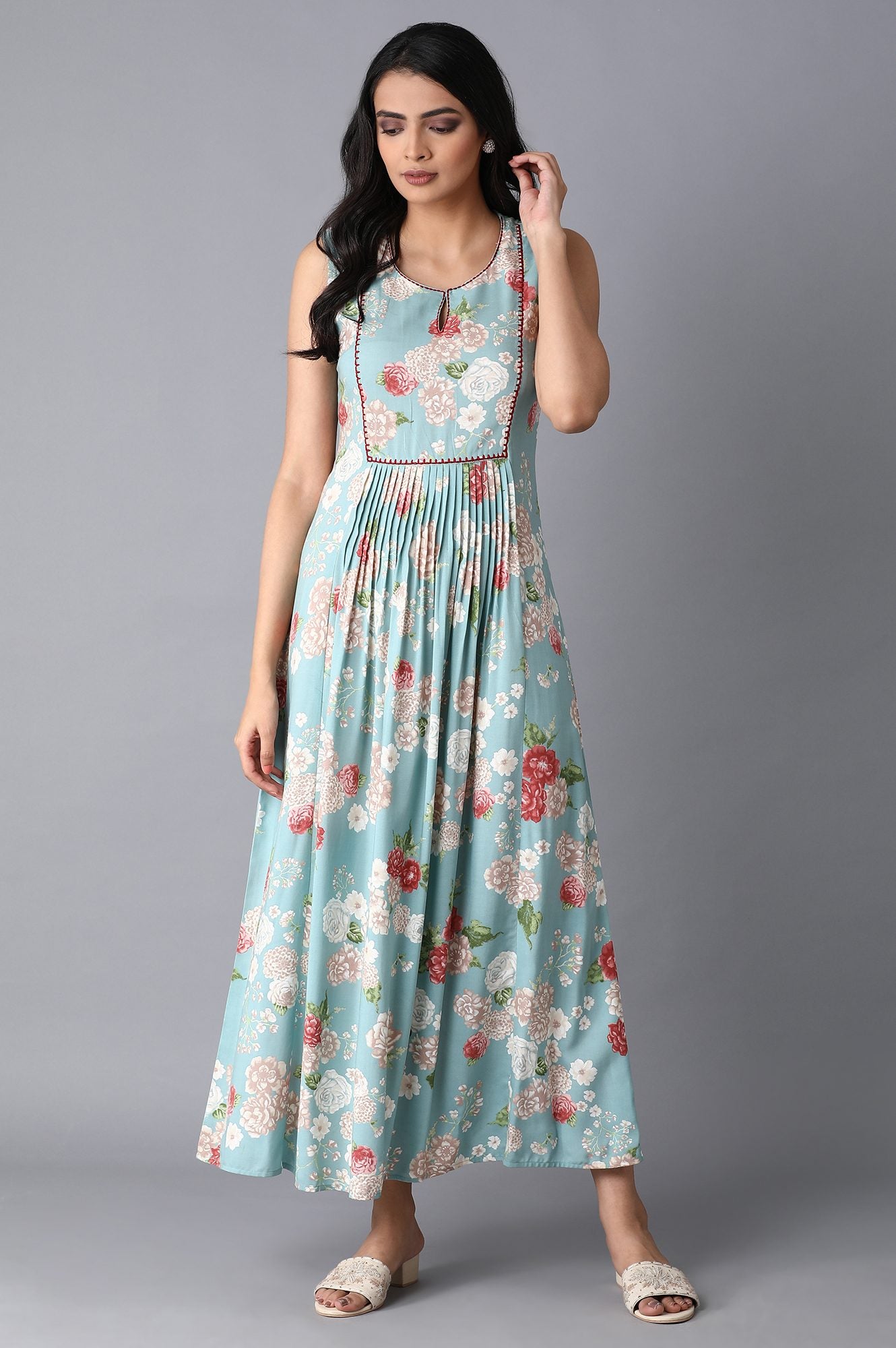 Light Teal Floral Print Dress-Gillet Set