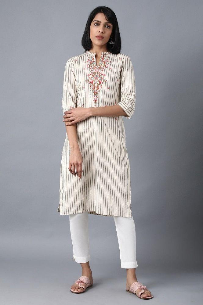 Ecru Mandarin Neck Printed kurta - wforwoman