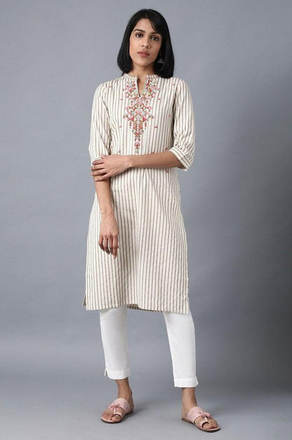 Ecru Mandarin Neck Printed kurta - wforwoman