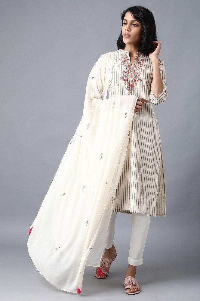 Ecru Mandarin Neck Printed kurta - wforwoman