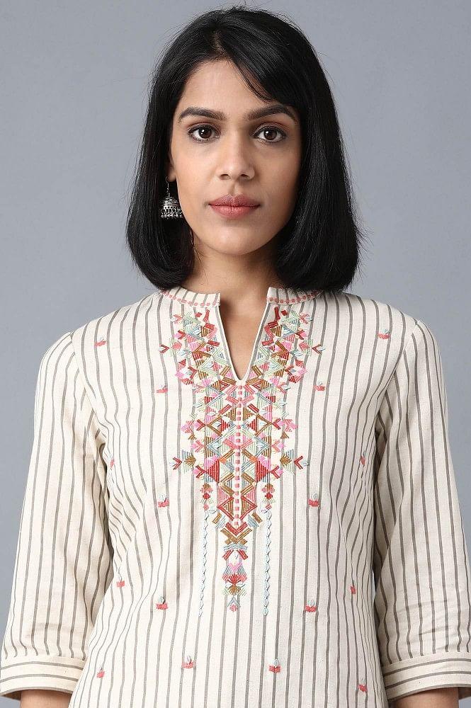 Ecru Mandarin Neck Printed kurta - wforwoman