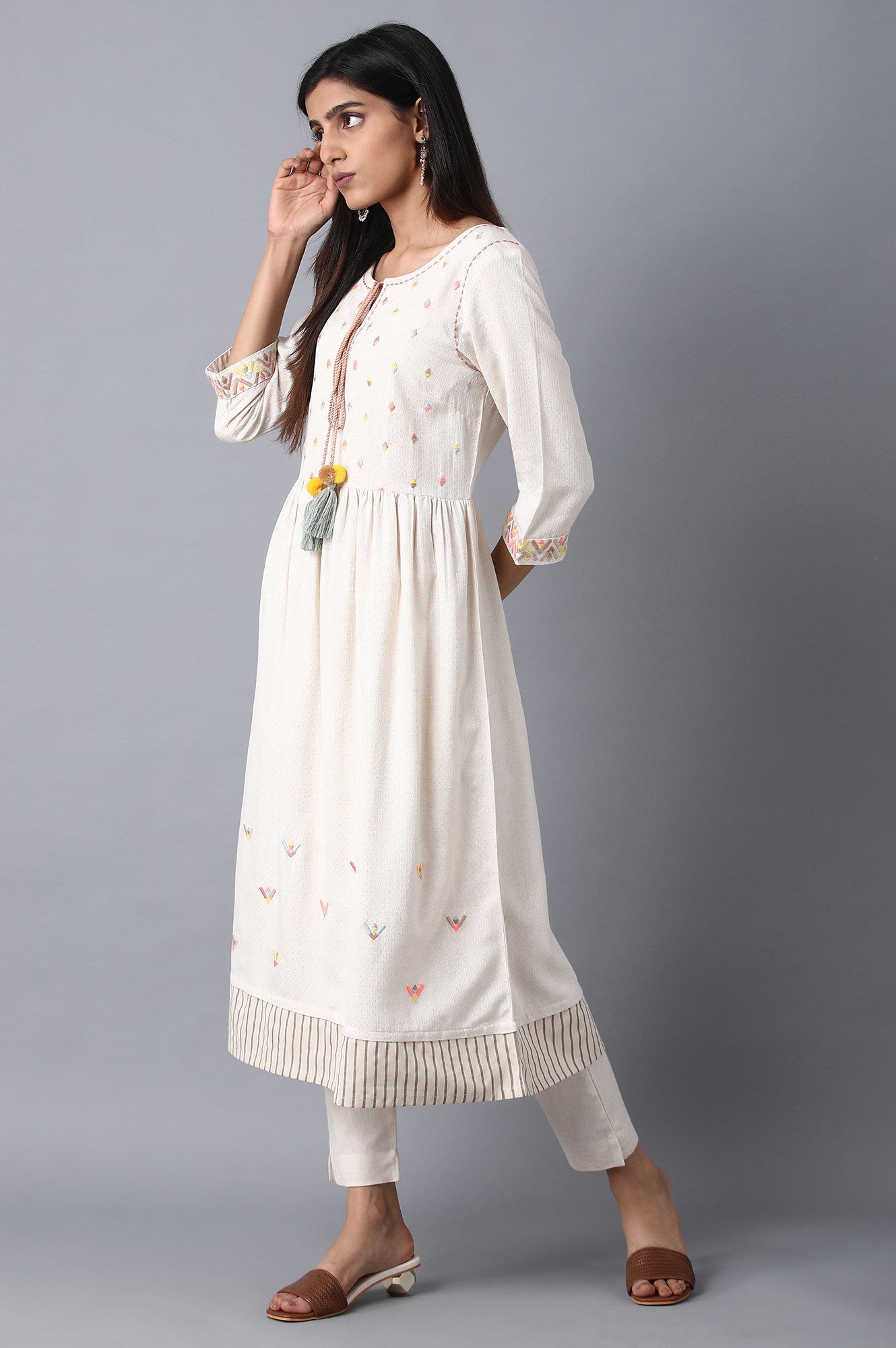 Ecru Round Neck Embroidered Dress