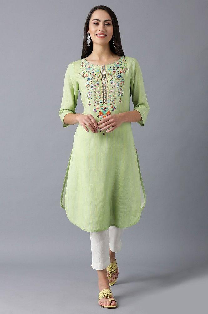 Green Round Neck Embellished kurta - wforwoman