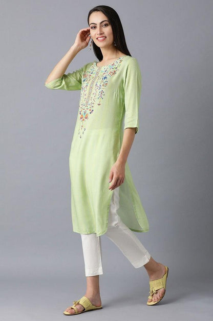 Green Round Neck Embellished kurta - wforwoman