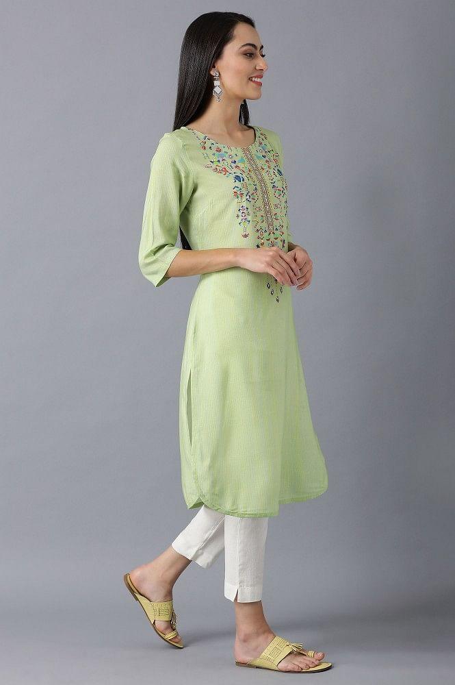 Green Round Neck Embellished kurta - wforwoman