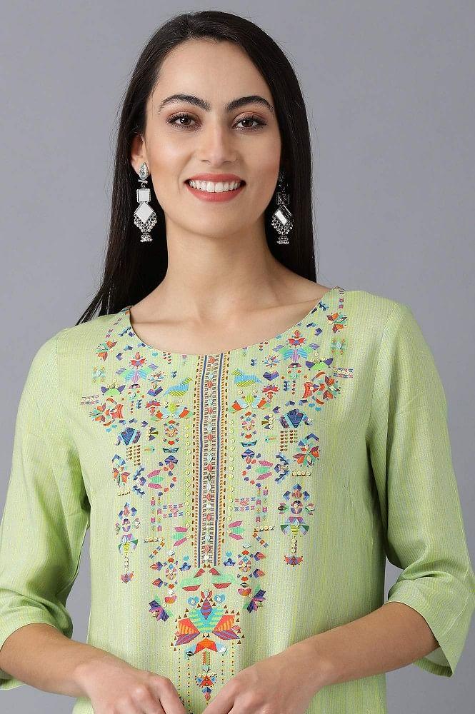 Green Round Neck Embellished kurta - wforwoman