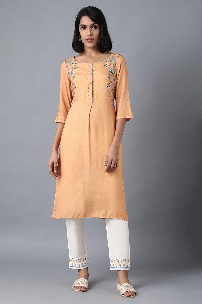 Orange Boat Neck Printed kurta - wforwoman