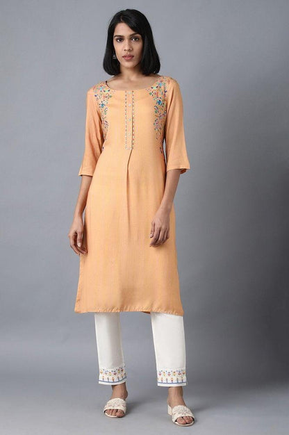 Orange Boat Neck Printed kurta - wforwoman