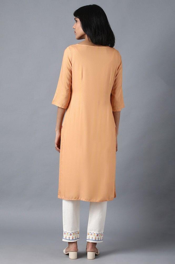 Orange Boat Neck Printed kurta - wforwoman