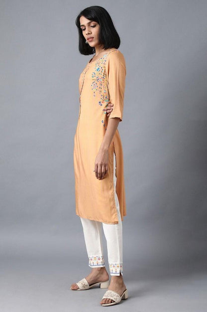 Orange Boat Neck Printed kurta - wforwoman