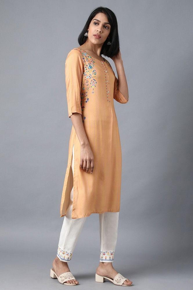 Orange Boat Neck Printed kurta - wforwoman