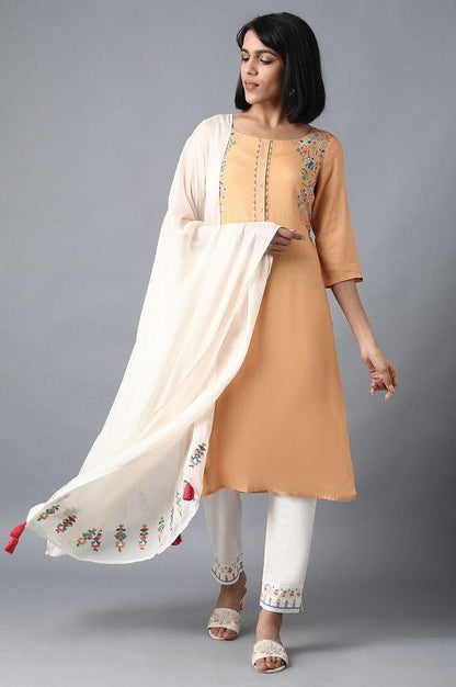 Orange Boat Neck Printed kurta - wforwoman