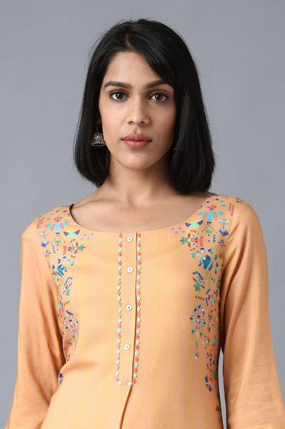 Orange Boat Neck Printed kurta - wforwoman