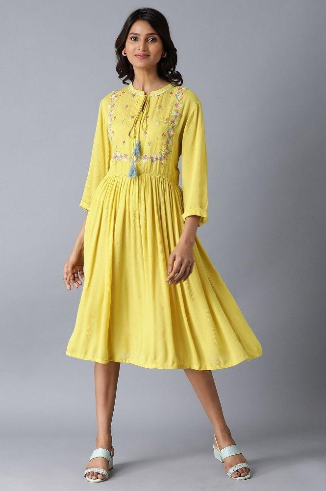 Lemon Yellow Gathered Embroidered Dress - wforwoman