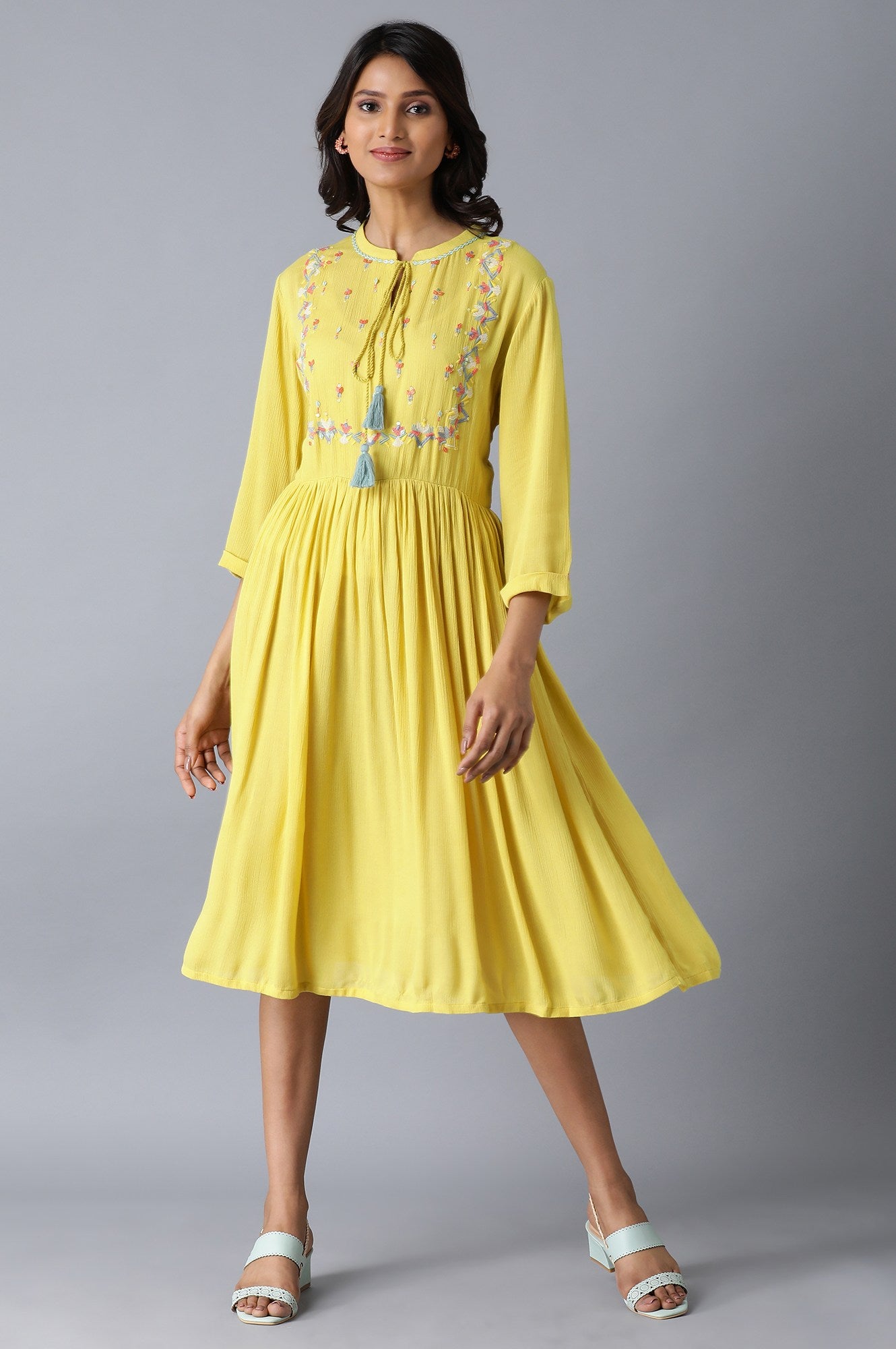 Lemon Yellow Gathered Embroidered Dress