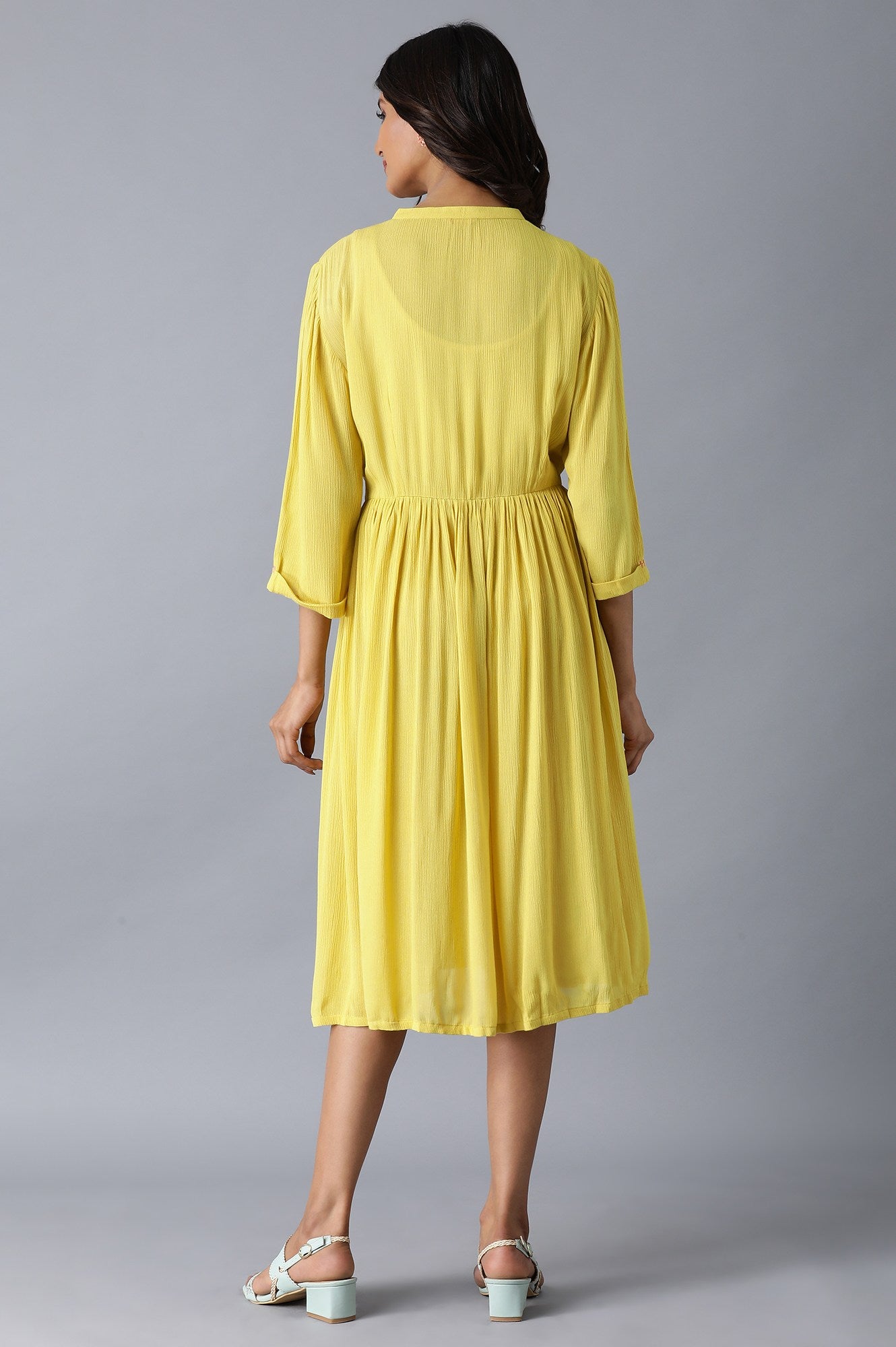 Lemon Yellow Gathered Embroidered Dress