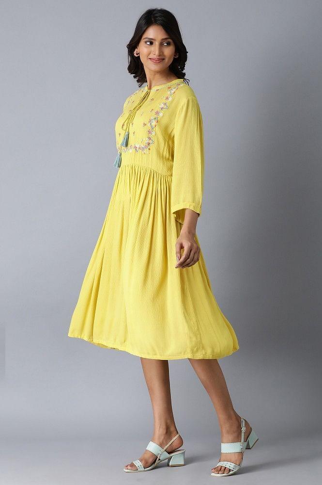 Lemon Yellow Gathered Embroidered Dress - wforwoman