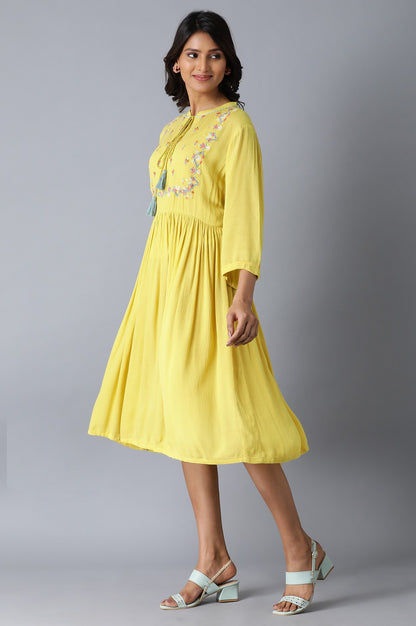 Lemon Yellow Gathered Embroidered Dress