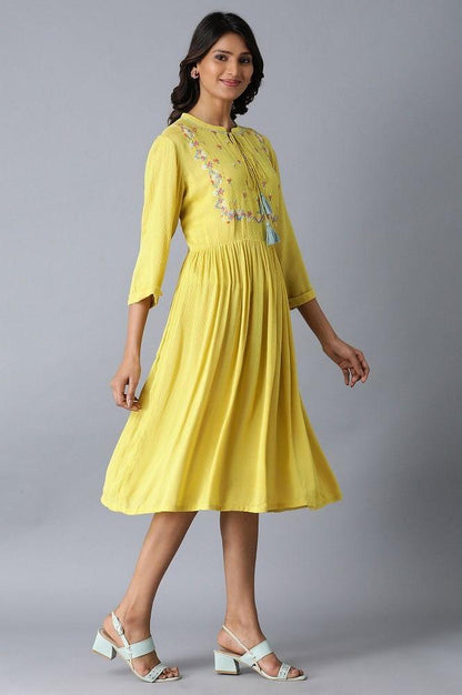 Lemon Yellow Gathered Embroidered Dress - wforwoman