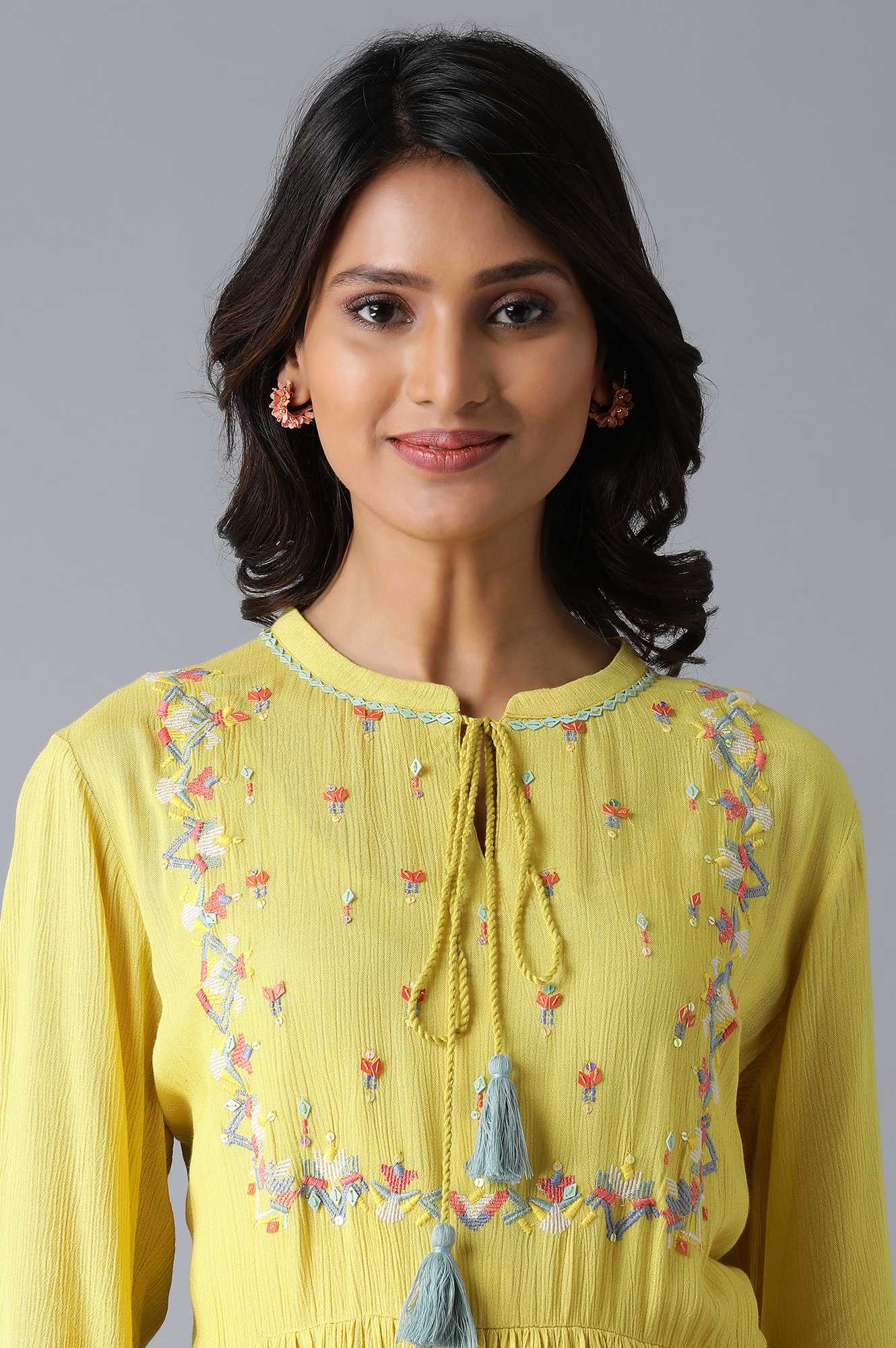 Lemon Yellow Gathered Embroidered Dress