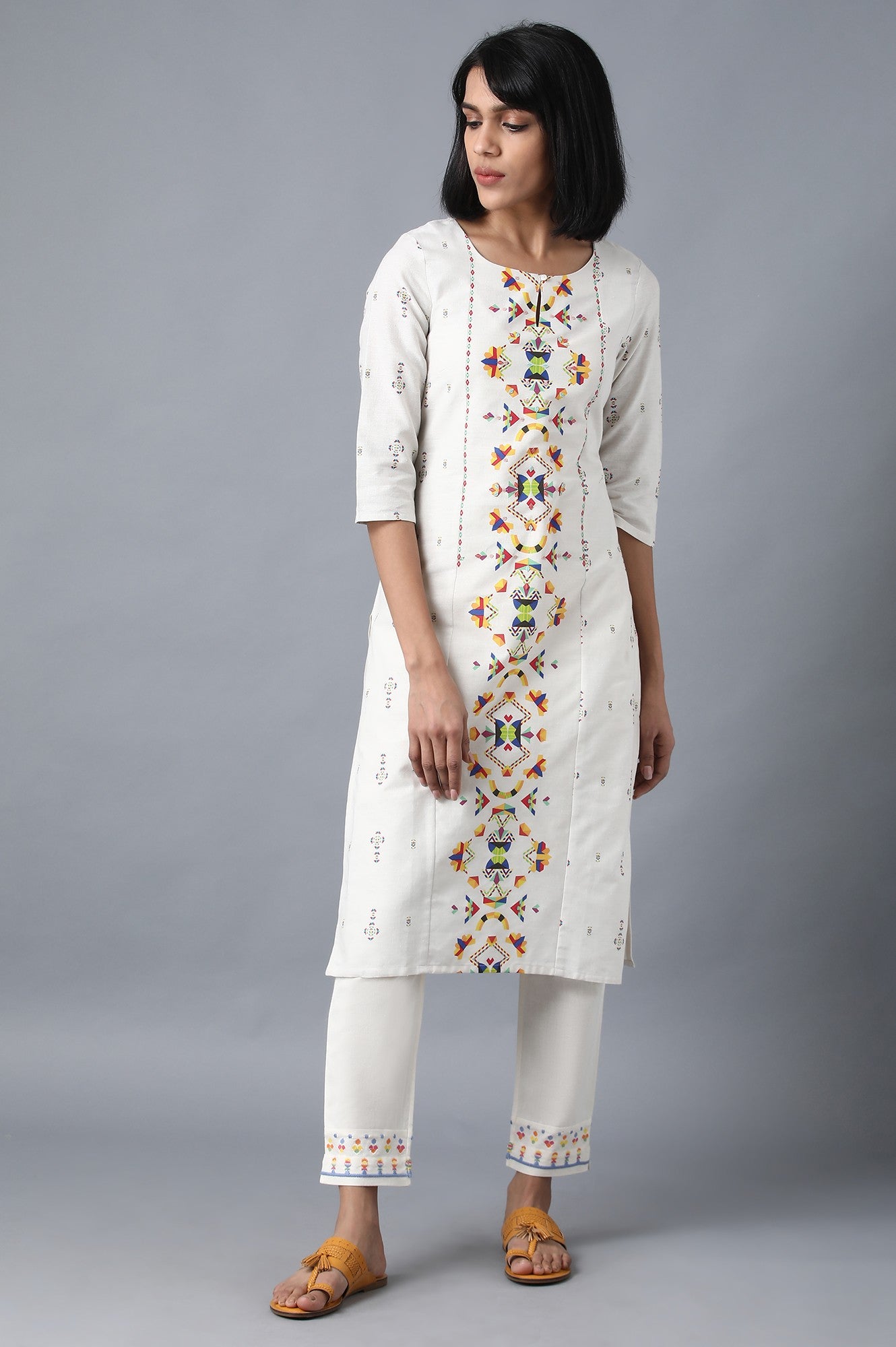 Ecru Boat Neck Printed kurta