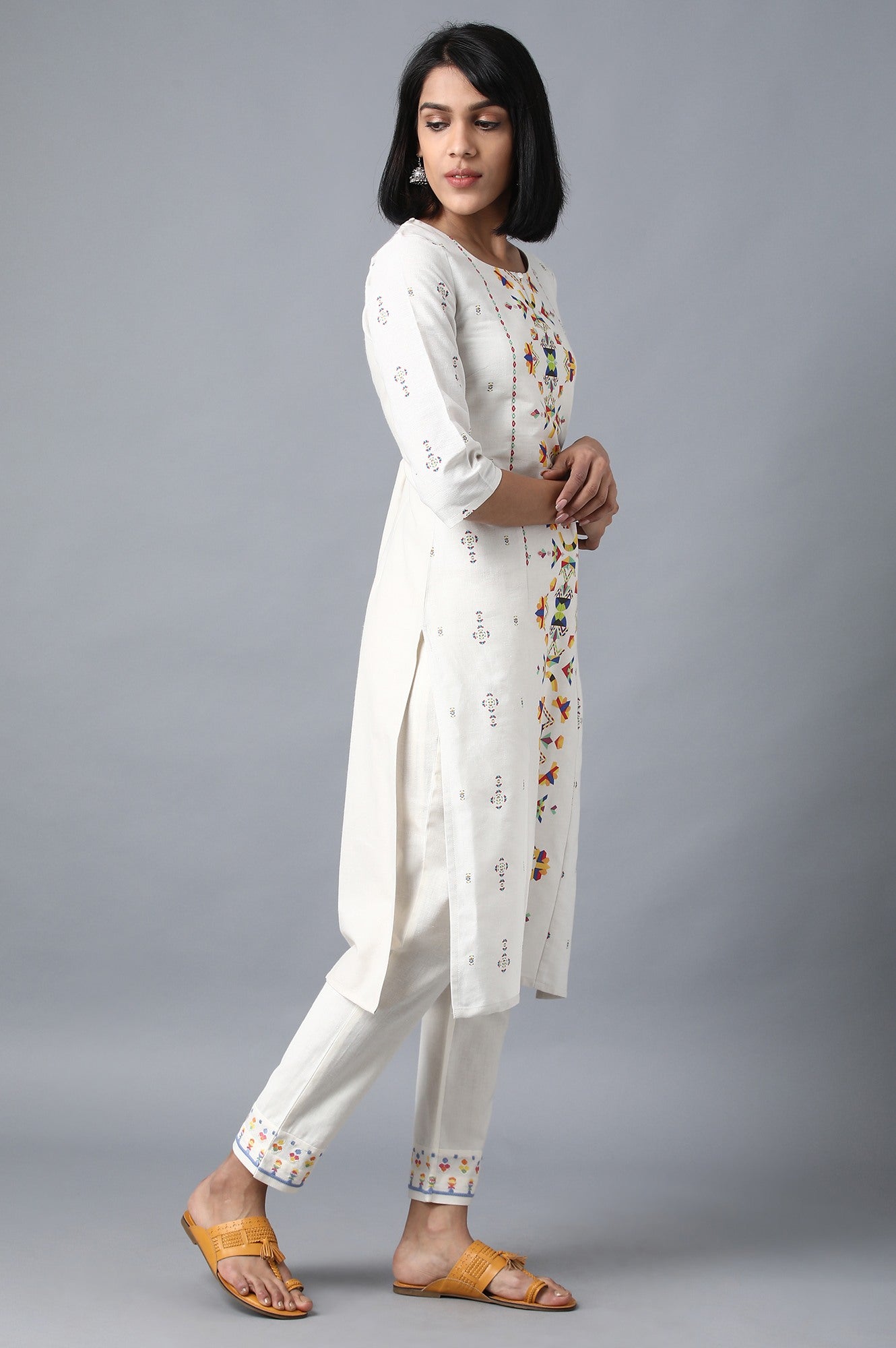 Ecru Boat Neck Printed kurta